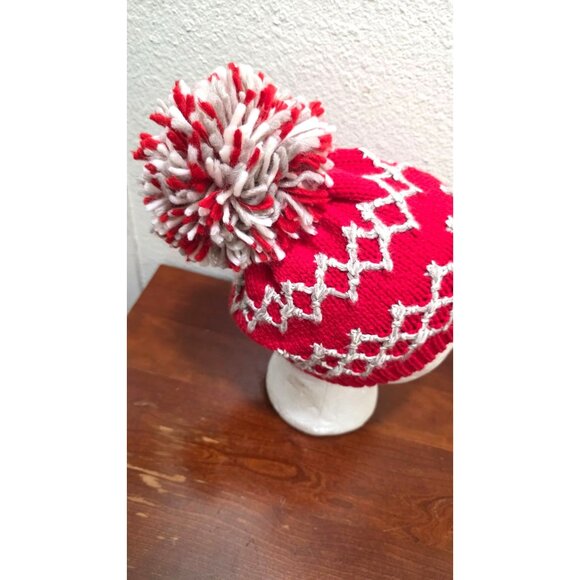 American Eagle Unisex Knit Winter Beanie Hat With Pom Pom Red & White Geometric - Picture 2 of 5